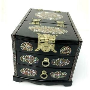 Vtg Black Wood Asian Stone Inlay Jewelry Trinket Box Chest Mirror 2 drawer